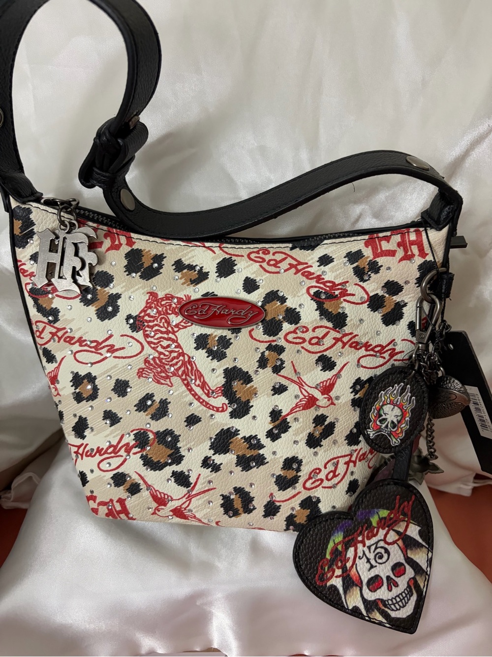 NWT Ed Hardy Cream Leopard Print Mini Hobo Shoulder Bag with Black Trim